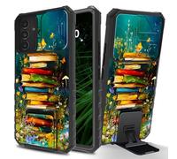 RWUTYTIUL for Samsung Galaxy A57 5G Phone Case with Sliding Camera Cover, Slim Kickstand Dual Layer Hard PC & Silicone Shockproof Protection Case for Women Man, Book Retro Flower