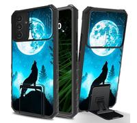 RWUTYTIUL for Samsung Galaxy A57 5G Phone Case with Sliding Camera Cover, Slim Kickstand Dual Layer Hard PC & Silicone Shockproof Protection Case for Women Man, Blue Black Wolf Moon