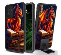 RWUTYTIUL for Samsung Galaxy S23 5G Phone Case with Sliding Camera Cover, Slim Kickstand Dual Layer Hard PC & Silicone Shockproof Protection Case for Women Man, Book Dragon