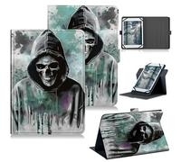 RWUTYTIUL for Universal Tablet Case 6", 6.8", 7" Kindle/Pocket Book E-Book/Android, 360 Degree Rotating Kickstand Protective Stand Cover with Multiple Viewing PU Leather Shell Case, Cool Skull