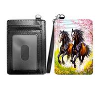 RWUTYTIUL Green Marble Slim Minimalist Wallet with Lanyard Strap, PU Leather Front Pocket Wallet RFID Blocking Credit Card Holder Card Cases with ID Window for Man Woman Boy Girl, Sakura Black Horse