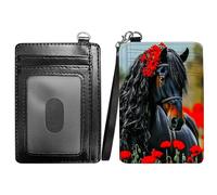 RWUTYTIUL Green Marble Slim Minimalist Wallet with Lanyard Strap, PU Leather Front Pocket Wallet RFID Blocking Credit Card Holder Card Cases with ID Window for Man Woman Boy Girl, Red Flower Horse
