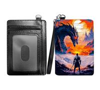 RWUTYTIUL Green Marble Slim Minimalist Wallet with Lanyard Strap, PU Leather Front Pocket Wallet RFID Blocking Credit Card Holder Card Cases with ID Window for Man Woman Boy Girl, Black Dragon Warrior