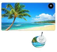 RWUTYTIUL Heated Mouse Pad with 3 Heating Levels, Warm Desk Mats with Coasters, 23.6" x 14" Computer Keyboard Mouse Mat Non-Slip Playmat Hand Warmer for Work Game Players Office MTG, Green Tree Beach