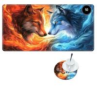 RWUTYTIUL Heated Mouse Pad with 3 Heating Levels, Warm Desk Mats with Coasters, 23.6" x 14" Computer Keyboard Mouse Mat Non-Slip Playmat Hand Warmer for Work Game Players Office MTG, Yellow Blue Wolf