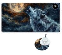 RWUTYTIUL Heated Mouse Pad with 3 Heating Levels, Warm Desk Mats with Coasters, 31.5" x 13" Computer Keyboard Mouse Mat Non-Slip Playmat Hand Warmer for Work Game Players Office MTG, Moon Wolf