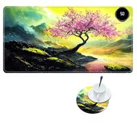 RWUTYTIUL Heated Mouse Pad with 3 Heating Levels, Warm Desk Mats with Coasters, 31.5" x 13" Computer Keyboard Mouse Mat Non-Slip Playmat Hand Warmer for Work Game Players Office, Green Mountain Tree