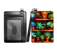 RWUTYTIUL Hummingbird Flower Minimalist Wallet with Lanyard Strap, PU Leather Front Pocket Wallet RFID Blocking Credit Card Holder Card Cases with ID Window for Man Woman Boy Girl, Plant Succulent