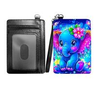 RWUTYTIUL Hummingbird Flower Minimalist Wallet with Lanyard Strap, PU Leather Front Pocket Wallet RFID Blocking Credit Card Holder Card Cases with ID Window for Man Woman Boy Girl, Blue Elephant