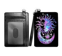 RWUTYTIUL Hummingbird Flower Minimalist Wallet with Lanyard Strap, PU Leather Front Pocket Wallet RFID Blocking Credit Card Holder Card Cases with ID Window for Man Woman Boy Girl, Purple Moon Sun