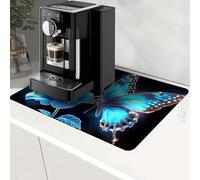 RWUTYTIUL Kitchen Drying Mat, Coffee Bar Organizer Decor Accessories Mats for Countertop 19.7" X 15.7", Non-Slip Rubber Sole Dish Drainer Pad for Bars, Kitchens, Homes, Family, Blue Rose Butterfly