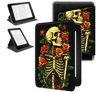 RWUTYTIUL Magnetic Detachable Case for 6" Kindle Paperwhite 11th Generation 2022 & 2024, 360 Degree Rotating Protective Stand Cover with Removable Shell & Auto Wake/Sleep, Skull Red Rose