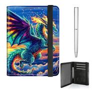 RWUTYTIUL Passport Holder for Travel Women Men, Leather Passport and Vaccine Card Holder Combo Elastic Strap Cover Wallet RFID Blocking Passports Book Holders with Pen, Blue Cloud Dragon