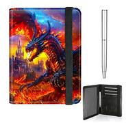 RWUTYTIUL Passport Holder for Travel Women Men, Leather Passport and Vaccine Card Holder Combo Elastic Strap Cover Wallet RFID Blocking Passports Book Holders with Pen, Castle Flaming Dragon