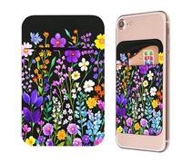 RWUTYTIUL Phone Credit Card Holder Stick on, Phone Case Wallet, Cell Phone Pocket Self Adhesive Stretchy Lycra Stick on Wallet ID Credit Card Case Pouch Sleeve for All Smartphones, Purple Wildflower