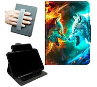 RWUTYTIUL Rotating Handle Case for Amazon Fire HD 10 9th/7th Gen, 2019/2017 10.1" Tablet, 360 Degree Swivel Kickstand with Magnetic Closure, Shockproof Leather Protective Cover, Two Flaming Wolves