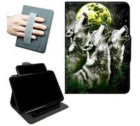 RWUTYTIUL Rotating Handle Case for Amazon Kindle Fire 7 12th Generation, 2022 Tablet, 360 Degree Swivel Kickstand with Magnetic Closure Shockproof Leather Protective Cover, Three Gray Wolves