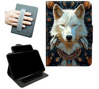 RWUTYTIUL Rotating Handle Case for iPad Air 5th/4th Gen 10.9" 2022/2020, 360 Degree Swivel Kickstand with Magnetic Closure, Shockproof Leather Protective Cover for Women Men, Feathers White Wolf