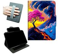 RWUTYTIUL Rotating Handle Case for Samsung Galaxy Tab A11 2026/A9 2024 8.7 Inch, 360 Degree Swivel Kickstand with Magnetic Closure Leather Protective Cover for Women Men, Volcanic Cherry Blossoms