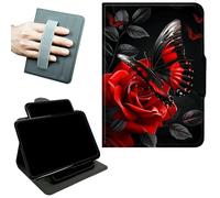RWUTYTIUL Rotating Handle Case for Samsung Galaxy Tab S8 Plus 2022/S7 FE 2021/S7 Plus 2020 12.4 Inch, 360 Degree Swivel Kickstand with Magnetic Closure Leather Protective Cover, Red Rose Butterfly