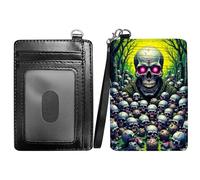 RWUTYTIUL Slim Minimalist Wallet with Lanyard Strap, PU Leather Front Pocket Wallet RFID Blocking Credit Card Holder Card Cases with ID Window for Man Woman Boy Girl, Purple Dragon, Forest Skull