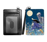 RWUTYTIUL Slim Minimalist Wallet with Lanyard Strap, PU Leather Front Pocket Wallet RFID Blocking Credit Card Holder Card Cases with ID Window for Man Woman Boy Girl, Purple Dragon, Book Skull Flower