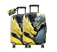 RWUTYTIUL Travel Luggage Cover Suitcase Protector Fits 19"-21" & Privacy Leather Luggage Tag Set, Elastic Washable Stretch Suitcase Cover for Men Women Travel Business Cruise, Flaming, Gray-Yellow