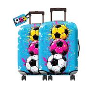 RWUTYTIUL Travel Luggage Cover Suitcase Protector Fits 19"-21" & Privacy Leather Luggage Tag Set, Elastic Washable Stretch Suitcase Cover for Men Women Travel Business Cruise, Dragon Flaming, Soccer