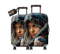 RWUTYTIUL Travel Luggage Cover Suitcase Protector Fits 19"-21" & Privacy Leather Luggage Tag Set, Elastic Washable Stretch Suitcase Cover for Men Women Travel Business Cruise, Flaming, Blue Eyed Girl