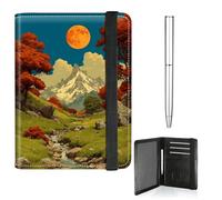 RWUTYTIUL Travel Wallet Essentials for Women Men, PU Leather Passport and Vaccine Card Holder Combo Elastic Strap Cover Wallet RFID Blocking PU Leather Card Case with Pen, Snow Mountain Moon Brook