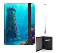 RWUTYTIUL Travel Wallet Essentials for Women Men, PU Leather Passport and Vaccine Card Holder Combo Elastic Strap Cover Wallet RFID Blocking PU Leather Card Case with Pen, Underwater Castle