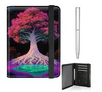 RWUTYTIUL Travel Wallet Essentials for Women Men, PU Leather Passport and Vaccine Card Holder Combo Elastic Strap Cover Wallet RFID Blocking PU Leather Card Case with Pen, Pink Trees