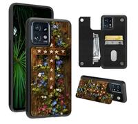 RWUTYTIUL Wallet Case for Motorola Edge Plus 2023/Moto Edge 40 Pro with Credit Card Holder, Shockproof Protective Soft Silicone Kickstand Double Magnetic Clasp Case for Men Women, Wooden Flower Cross