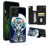 RWUTYTIUL Wallet Case for Motorola G Power 2025/Moto G Play 2025 with Credit Card Holder, Shockproof Protective Soft Silicone Kickstand Double Magnetic Clasp Case for Men Women, Earphones Moon Cat