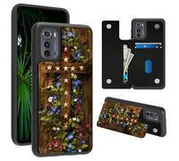 RWUTYTIUL Wallet Case for Motorola Moto Edge 2022 with Credit Card Holder, Shockproof Protective Soft Silicone Kickstand Double Magnetic Clasp Case for Men Women, Wooden Flower Cross
