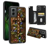 RWUTYTIUL Wallet Case for Motorola Moto Edge 5G 2024 with Credit Card Holder, Shockproof Protective Soft Silicone Kickstand Double Magnetic Clasp Case for Men Women, Wooden Flower Cross