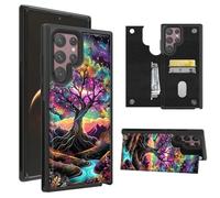 RWUTYTIUL Wallet Case for Samsung Galaxy S23 Ultra 5G 6.8" with Credit Card Holder, Shockproof Protective Soft Silicone Kickstand Double Magnetic Clasp Phone Case for Galaxy S23 Ultra, Creek Trees