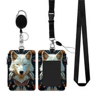 RWUTYTIUL Zipper Badge Holders & Retractable Reel Clips Set, Front Pocket Wallet Work Badges with Clear Window & 6 Credit Card Slot for Nurse Teacher Student Office Women Men, White Wolf Feathers