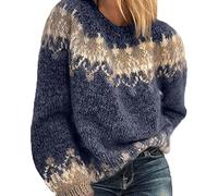 RWXXDSN Women's Fall/Winter Round Neck Casual Loose Mohair Coarse Knit Jacquard Women's Sweater Blue