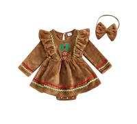 RWYBEIW My First Christmas Gingerbread Baby Girls Outfit Long Sleeve Fleece Romper Dress Gingerbread Man Costume Xmas Fancy Dress (Brown-B, 12-18 Months)