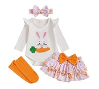 RWYBEYW Baby Girl Easter Outfit Newborn Long Sleeve Bunny Romper Layered Ruffle Shorts Bow Headband Socks 4Pcs Spring Clothes (A# White, 0-3 Months)