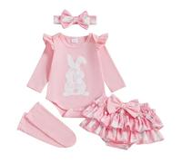 RWYBEYW Baby Girl Easter Outfit Newborn Long Sleeve Bunny Romper Layered Ruffle Shorts Bow Headband Socks 4Pcs Spring Clothes (A# Pink, 6-9 Months)