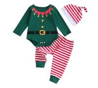 RWYBEYW My First Christmas Baby Girl Boy Outfit Christmas Elf Costume Long Sleeve Santa Romper Bodysuit Long Pants with Hat 3Pcs (Green, 3-6 Months)