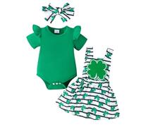 RWYBEYW My First St. Patrick's Day Baby Girl Outfit Long Sleeve Onesie Romper Clover Suspender Skirt Headband Clothes Set (A# Green Short Sleeve, 0-3 Months)