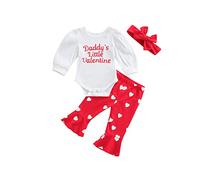 RWYBEYW My First Valentines Day Baby Girl Outfit Puff Sleeve Ribbed Romper Heart Flared Pants Headband 3Pcs Spring Clothes Set (Daddys Little Valentines, 0-3 Months)