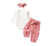 RWYBEYW Newborn Baby Girl Clothes 3 6 12 18 24 Months Rib Knit Ruffle Romper Daisy Print Pants Headband Fall Winter Outfits Set (Pink, 18-24 Months)