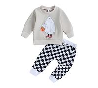 RWYBEYW Toddler Baby Boy Halloween Outfit Long Sleeve Checkerboard Ghost Sweatshirt Top Jogger Pants 2Pcs Fall Winter Clothes (Light Grey, 2-3 Years)