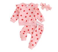 RWYBEYW Toddler Baby Girl Valentines Day Outfit Daddy's Valentine Long Sleeve Sweatshirt Top Jogger Pants 3Pcs Clothes Set (A# Pink Love Heart, 6-12 Months)