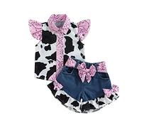RWYBEYW Western Kids Baby Girls Summer Denim Shorts Outfits Cow Print Button Down Fly Sleeve Shirt Tops Jeans Shorts with Belt (Denim Blue, 5-6 Years)