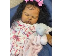 RXDOLL Realistic Reborn Baby Dolls 19 Inch Soft Cloth Body Sleeping African American Baby Doll Black Skin Real Life Newborn Babies with Rooted Hair Toy Gifts
